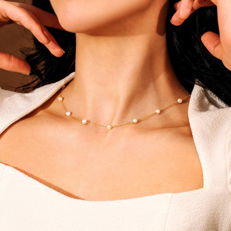 PRTGL Store Pearl Necklace: 14K Gold-Plated/White Gold-plated Pearl Necklace for Women 16.5” + 2” - Image 3